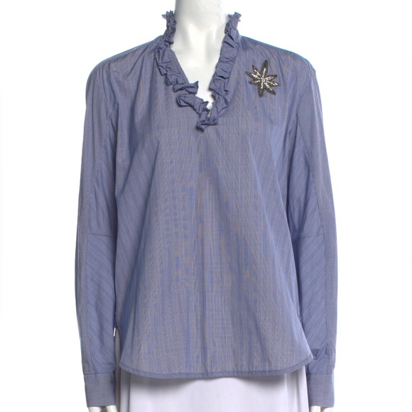 SANDRO Striped Ruffle Beaded Button Up Top - Size M - New! - Picture 1 of 4